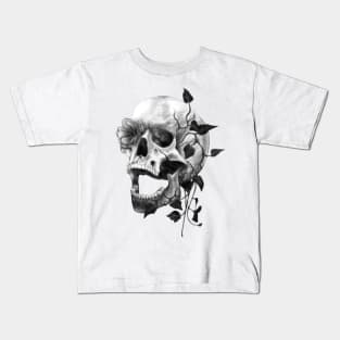 Vintage Newsprint Skull with Flowers Kids T-Shirt